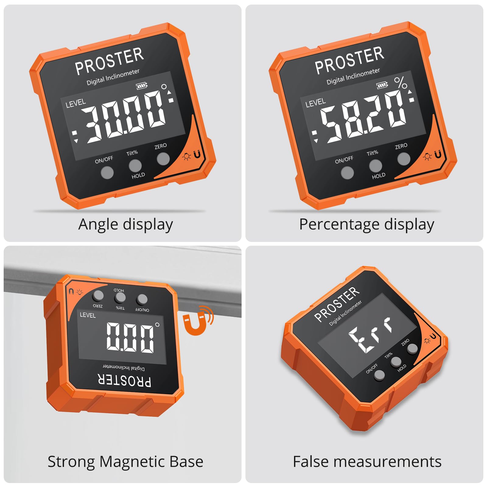 Proster Inclinómetro Digital con 4 Lados Magnéticos Nivel Digital 4x90° con Pantalla LCD VA IP54 Impermeable Buscador de Ángulo Digital para Carpintería Trabajos en Madera