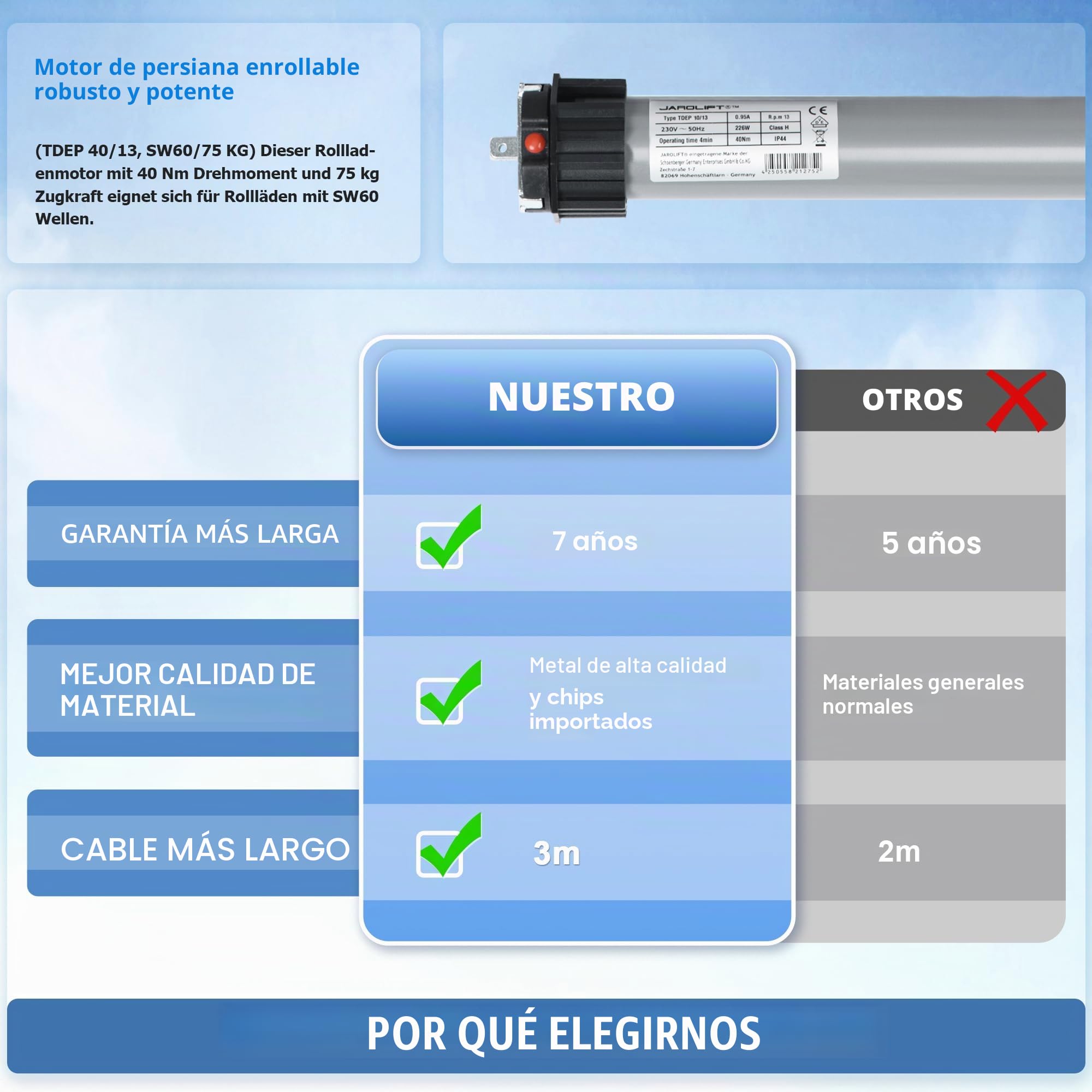 jarolift Motor Tubular Electrónico - TDEP 40/13 (Diámetro 60mm / Fuerza de Tracción 75 kg)