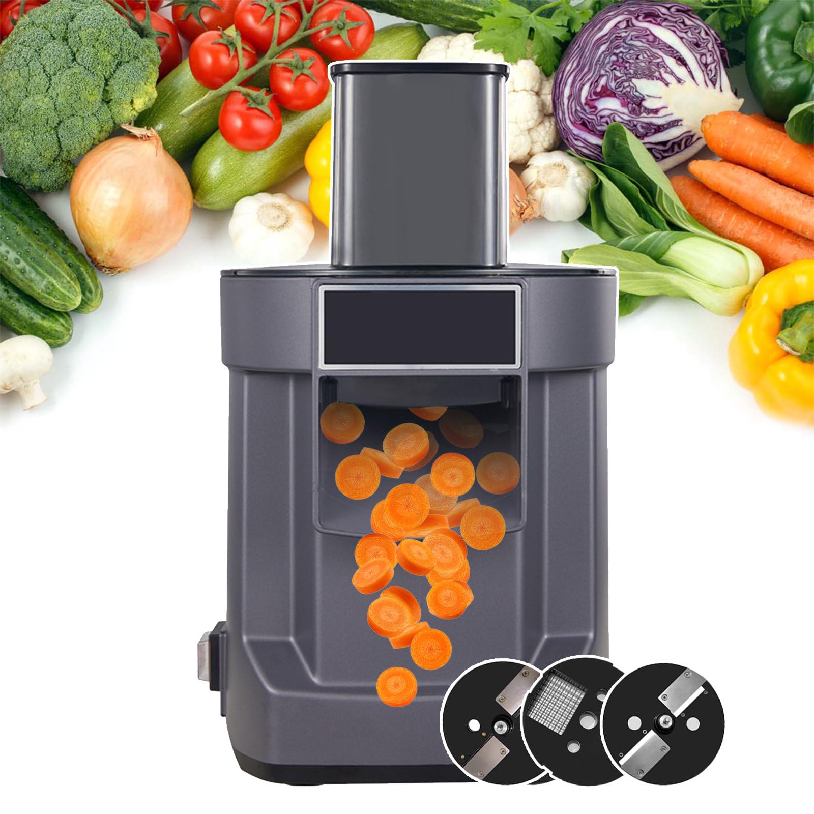 Picadora alimentos eléctrica 3 en 1, cortadora comercial frutas y verduras con 3 troqueles corte, cortadora verduras con tolva alimentación ancha para cortar en cubitos, rebanar y triturar