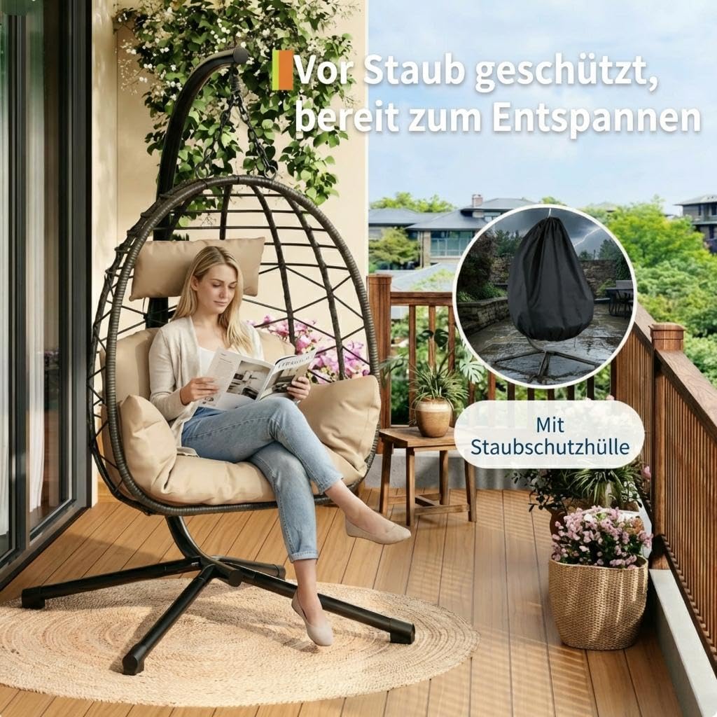 Garvee Hängesessel aus Rattan mit Metallgestell – klappbar, wetterfest, bis 150 kg belastbar, inkl. schwarzer Abdeckung – Outdoor & Indoor Ei-Schaukelstuhl für Garten, Balkon, Terrasse – Graues Rattan