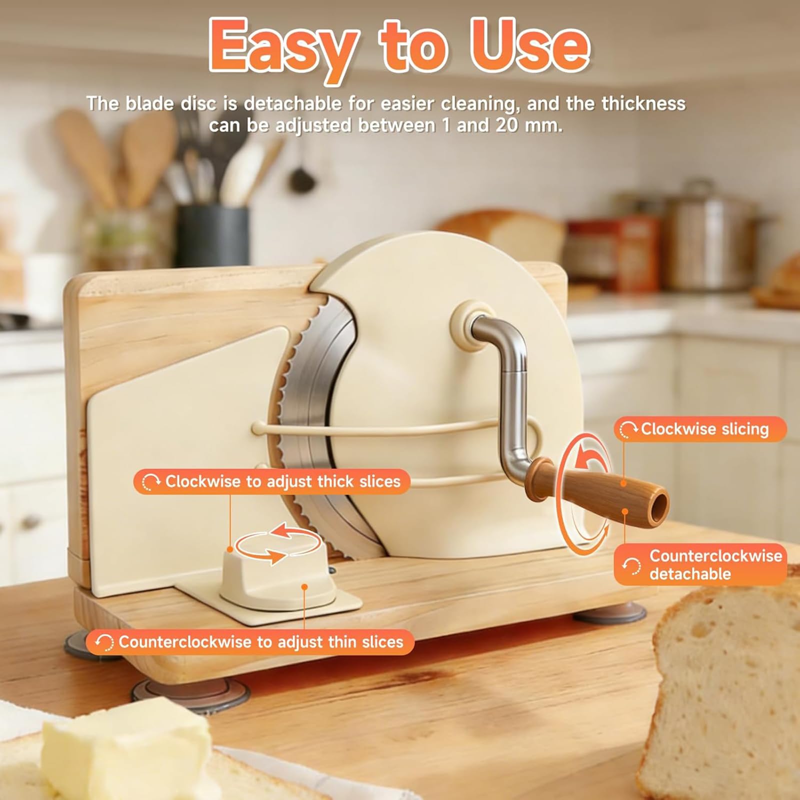 Affettatrice manuale regolabile del pane, 1-20mm spessore, taglierina rotante a mano per il lievito madre e pani fatti in casa, base di legno stabile con guida in metallo, design pieghevole per affett