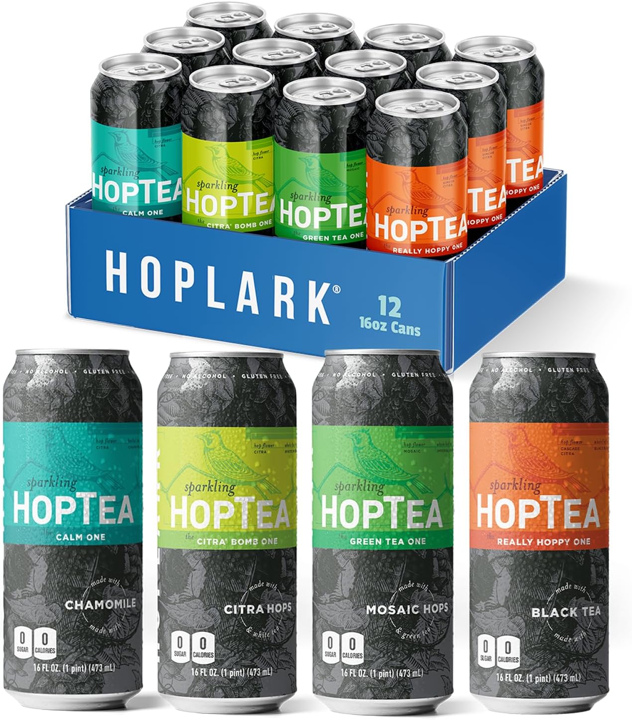 HOPLARK Sparkling HopTea – CORE MIXED PACK – Tall 16fl oz Cans (Pack of 12) - Sparkling Tea Sampler Featuring Green Tea, White Tea, Black Tea ,and Chamomile – Zero Calorie – Unsweetened – Caffeinated and Caffeine-Free