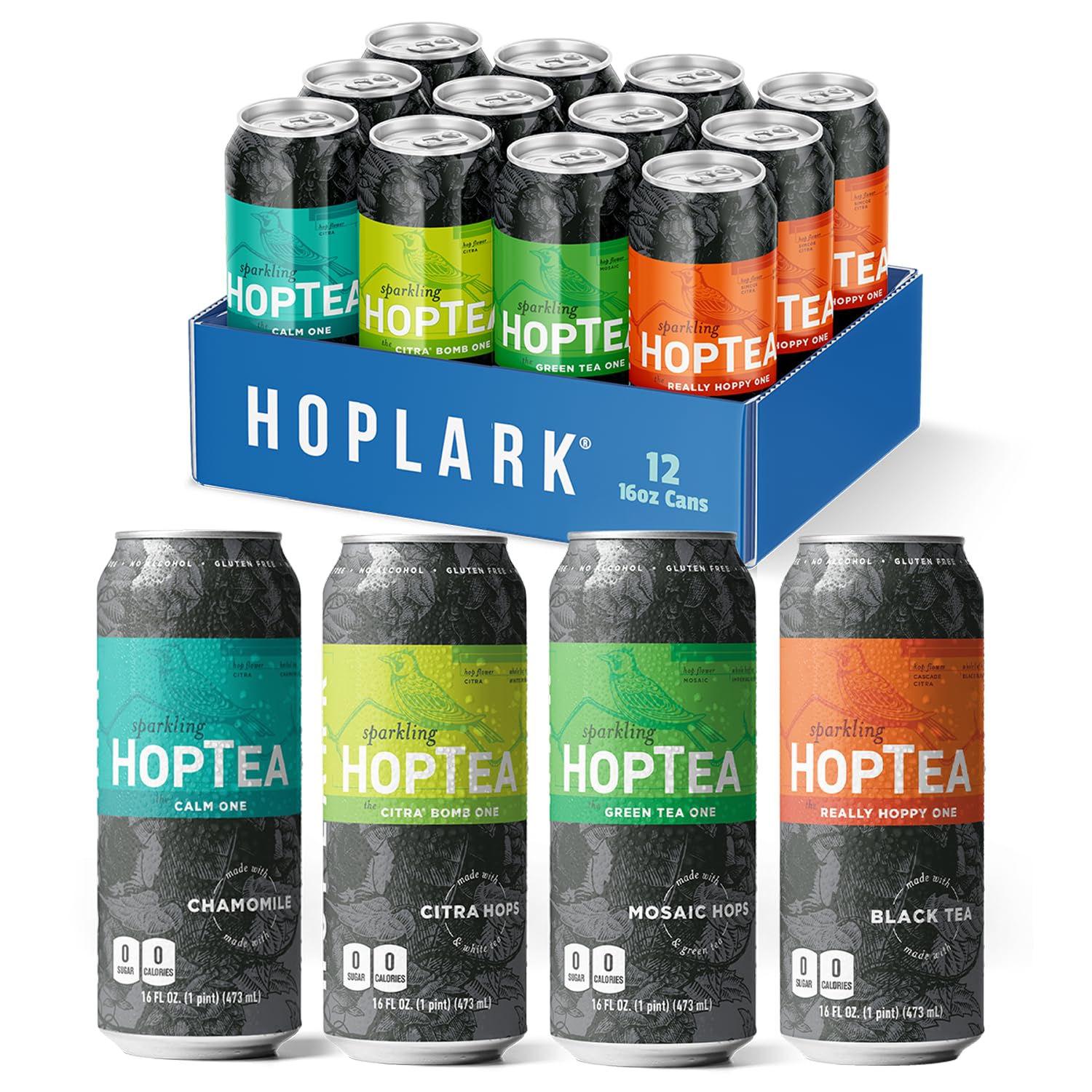 HOPLARK Sparkling HopTea – The GREEN TEA ONE – Tall 16fl oz cans (pack of 12) – Mosaic Hops and Sparkling Green Tea – L-Theanine – Antioxidants – Polyphenols – Unsweetened – Caffeinated – Zero Calories