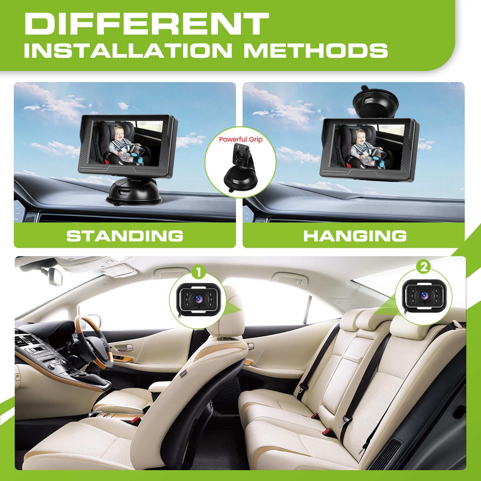 Hikity Cámara de Coche para Bebé 4,3 Zoll IPS Display Visión Nocturna,360° Giratorias,Einfache Installation,Kompatibel mit Limousinen, Kleintransportern, und SUV