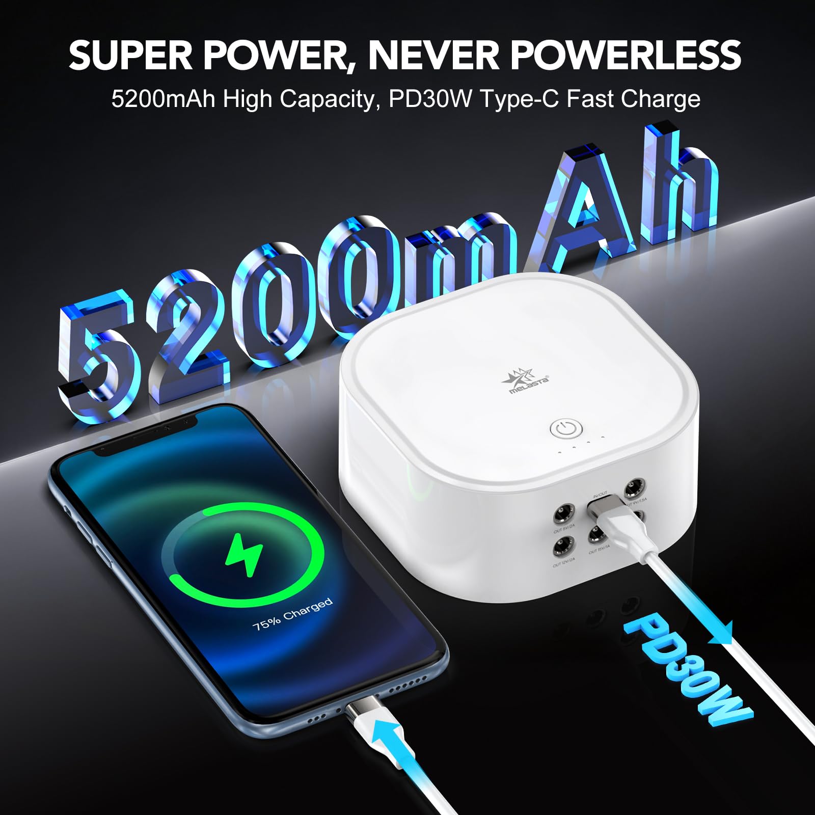 melasta Mini UPS Sistemas de Alimentación Ininterrumpida 10,8V 5200mAh 56,16Wh Compatible con Carga Rápida PD30W, con Salida de CC (5V, 9V, 12V 15V 24V), y Entrada/Salida Type-C