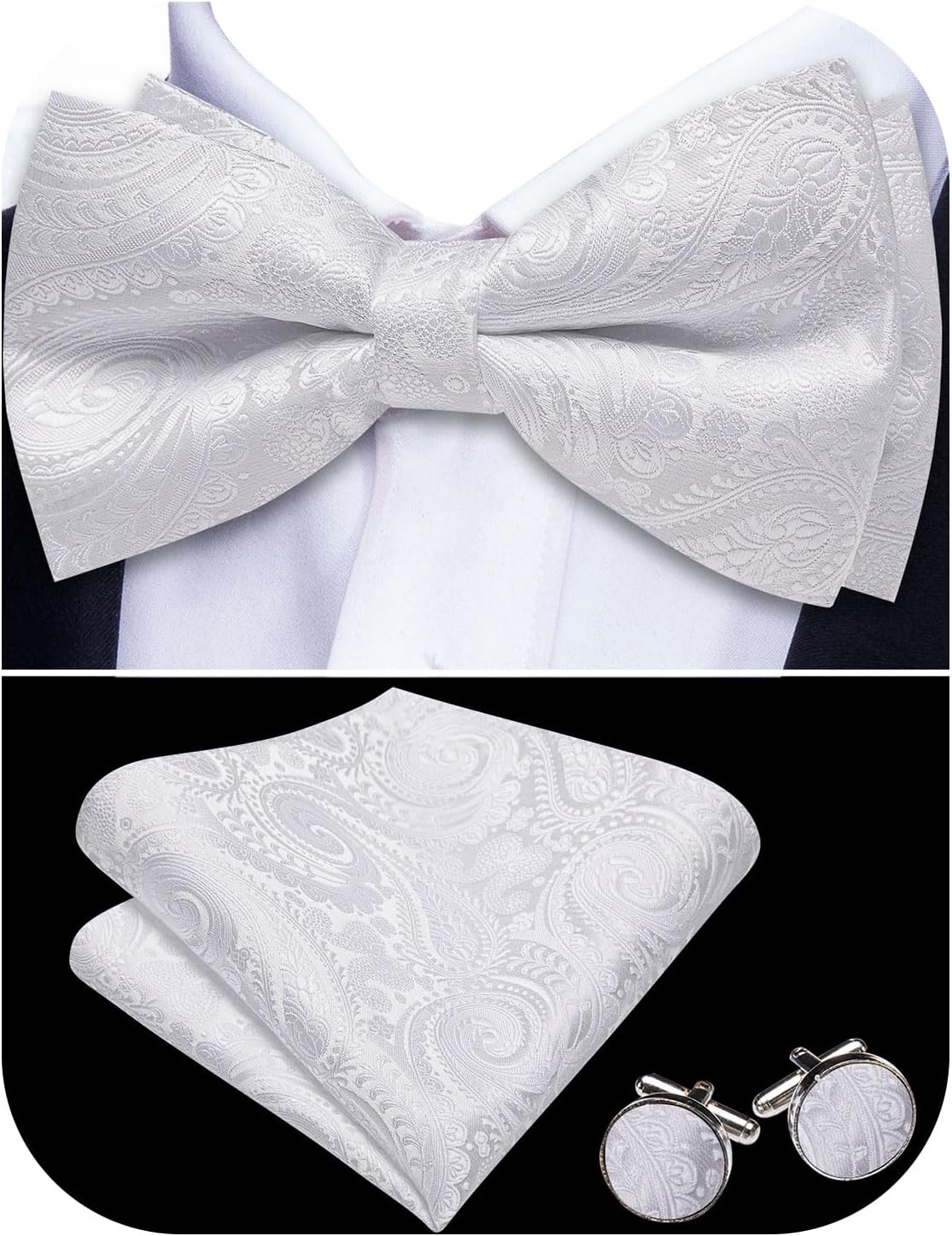 Paisley Striped Men Bow Tie Pre-Tied Formal Adjustable Colorful Bowties Handkerchief Cufflinks Set Wedding Party