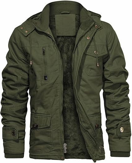 CHEXPEL Men's Thick Winter Jackets with Hood Fleece Lining Cotton Military Jackets Work Coats with Cargo Pockets Outwear