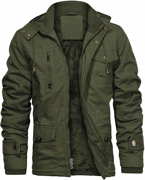 CHEXPEL Men's Thick Winter Jackets with Hood Fleece Lining Cotton Military Jackets Work Coats with Cargo Pockets Outwear