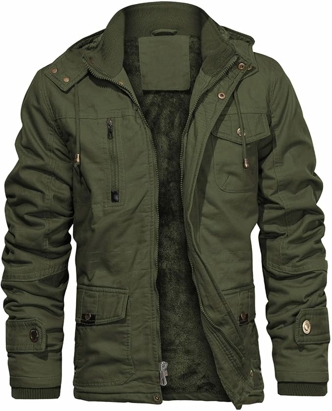 CHEXPEL Men's Thick Winter Jackets with Hood Fleece Lining Cotton Military Jackets Work Coats with Cargo Pockets Outwear