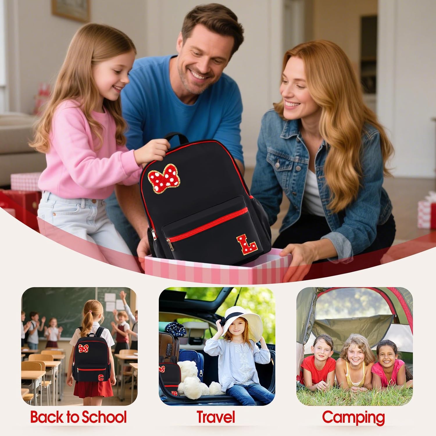 Preppy Initial Bow Mouse Backpacks for Girls 14.6 Inch, Black Kids Backpacks Ages 3-10 for Park Travel Preschool Elementary School, Lightweight Bookbag Birthday Back to School Gifts for Little Girls L