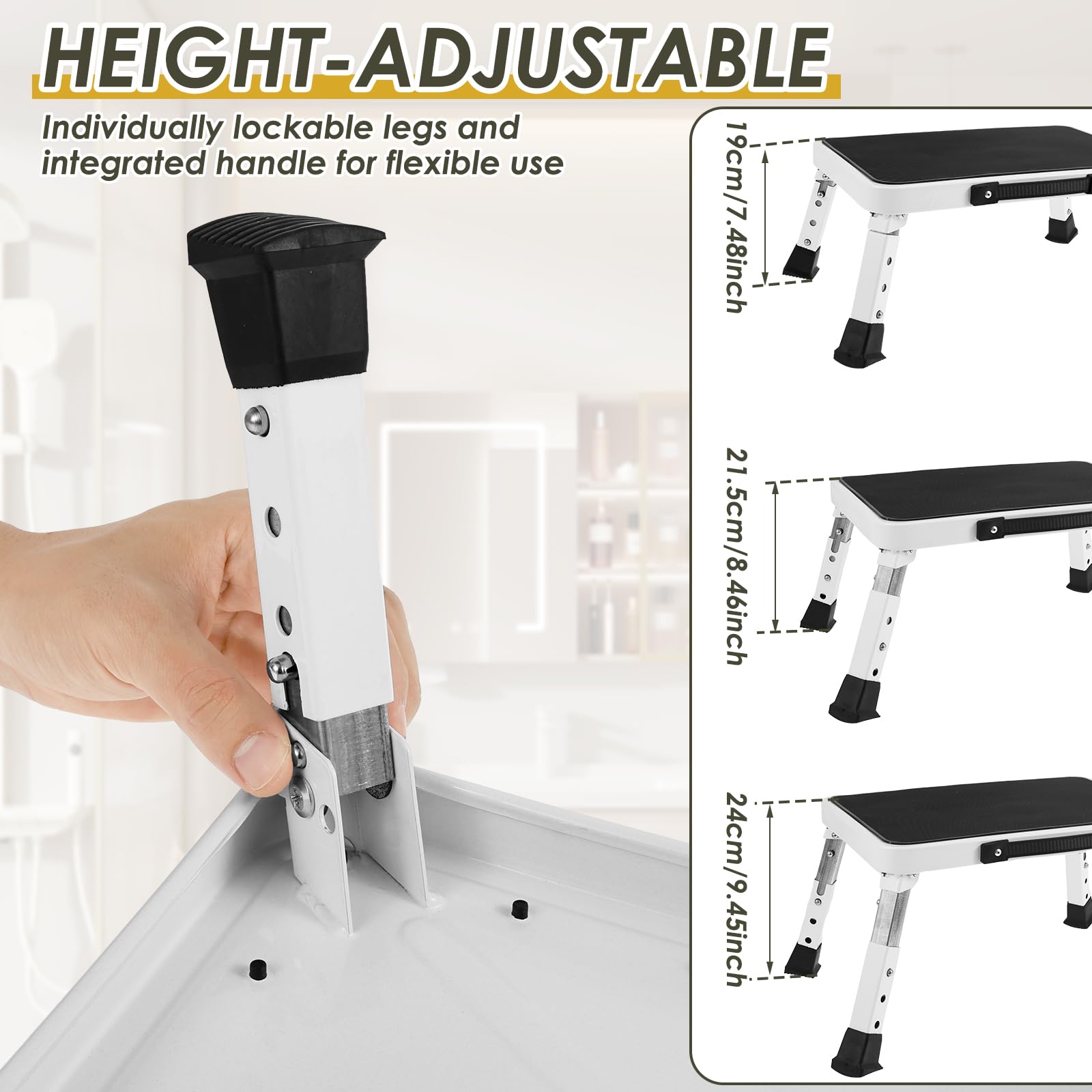 3-stufig Höhenverstellbarer Tritthocker Klappbar, bis zu 150 kg, Klapptritt Faltbar mit Rutschfester Gummifüßen, Tragbarer Trittstufe Klappbar für Erwachsene, Senioren, Kinder, Küche, Büro
