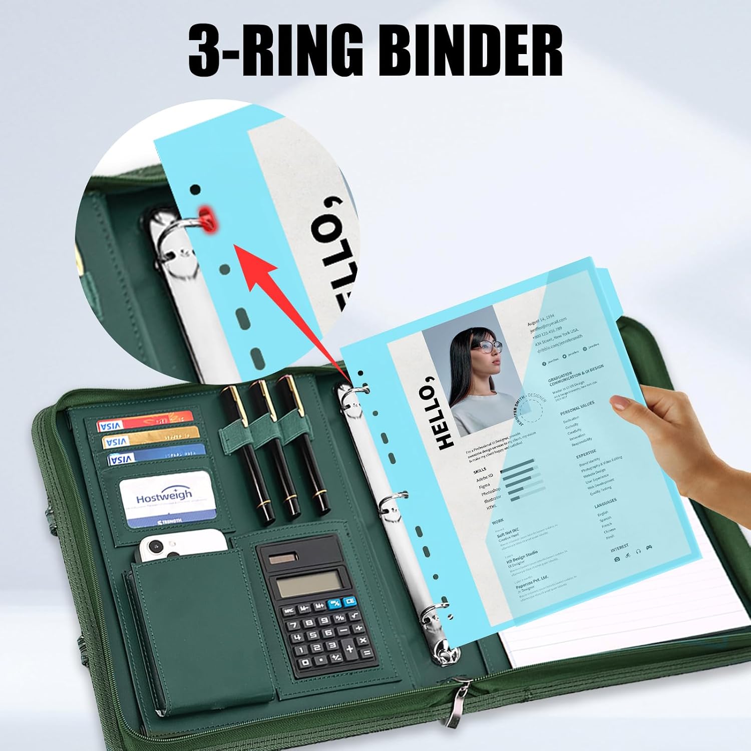 Portfolio Organizer - 3 Ring Binder with Zipper, Vegan Leather Business Padfolio Folder with Notepad Includes 5 Dividers with 10 Pockets for Documents Files for Men Women