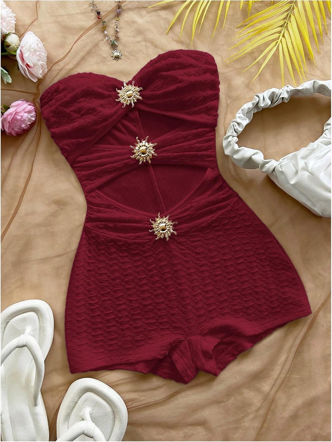 MakeMeChic Women's Summer Short Rompers Cut Out Bandeau Strapless One Piece Jumpsuits - Image 5