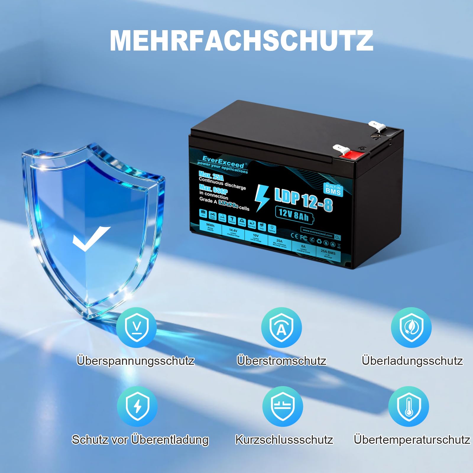 12V 8Ah Lifepo4 Batterie mit integriertem 25A BMS, 3000+ Tiefentladungszyklen 12V Lithium Batterie für USV, Power Wheels, Solar/Windenergie, Beleuchtung, Fischfinder und mehr