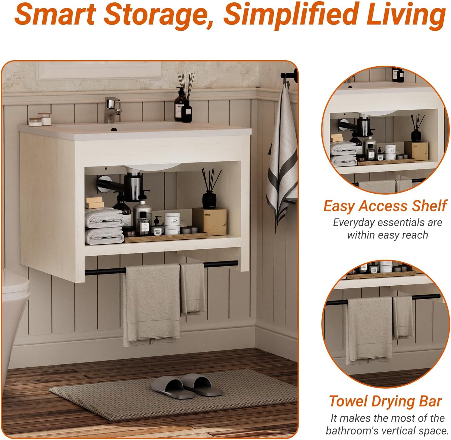 24 Inch Floating Bathroom Vanity with Sink, Wall-Mounted, Easy 1-Person Install, Waterproof & Sturdy, Antique White Open Shelf, Space-Saving for Apartment & Powder Room
