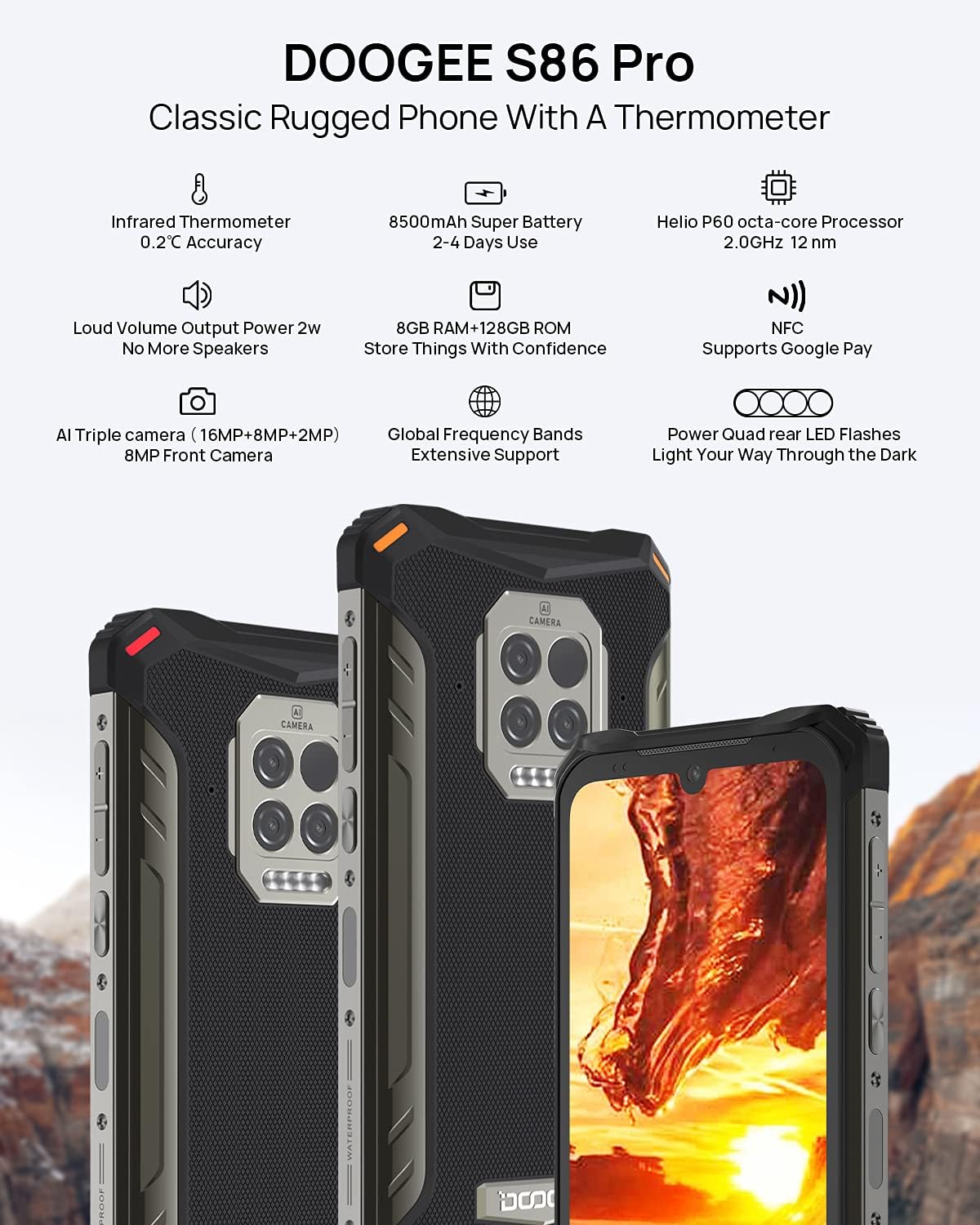 Buy 1 get 1 Rugged Smartphone Unlocked, DOOGEE S86 PRO 8500mAh, 8GB + 128GB, 2W Speaker, Infrared Module + 16MP Triple Camera, IP68 Waterproof Cell Phones Unlocked, Dual 4G Android 10 NFC/GPS (Black)