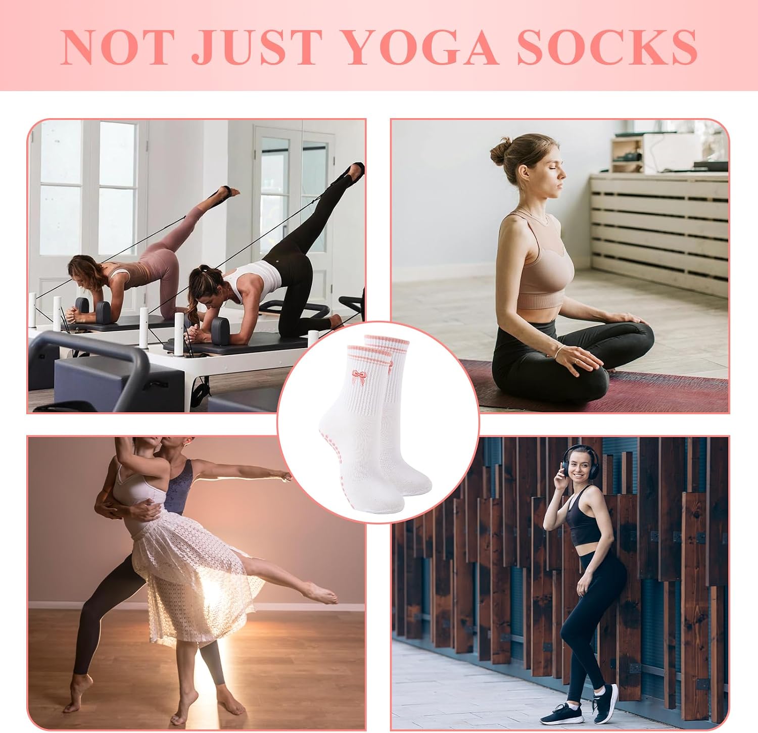 Pilates Grip Socks for Women Non Slip Grippy Yoga Socks Cute Crew Athletic Coquette Sock with Embroidered Pink Bow Womens Grips Sock for Barre Gym Workout Ballet Dance Hospital - 6 Pairs