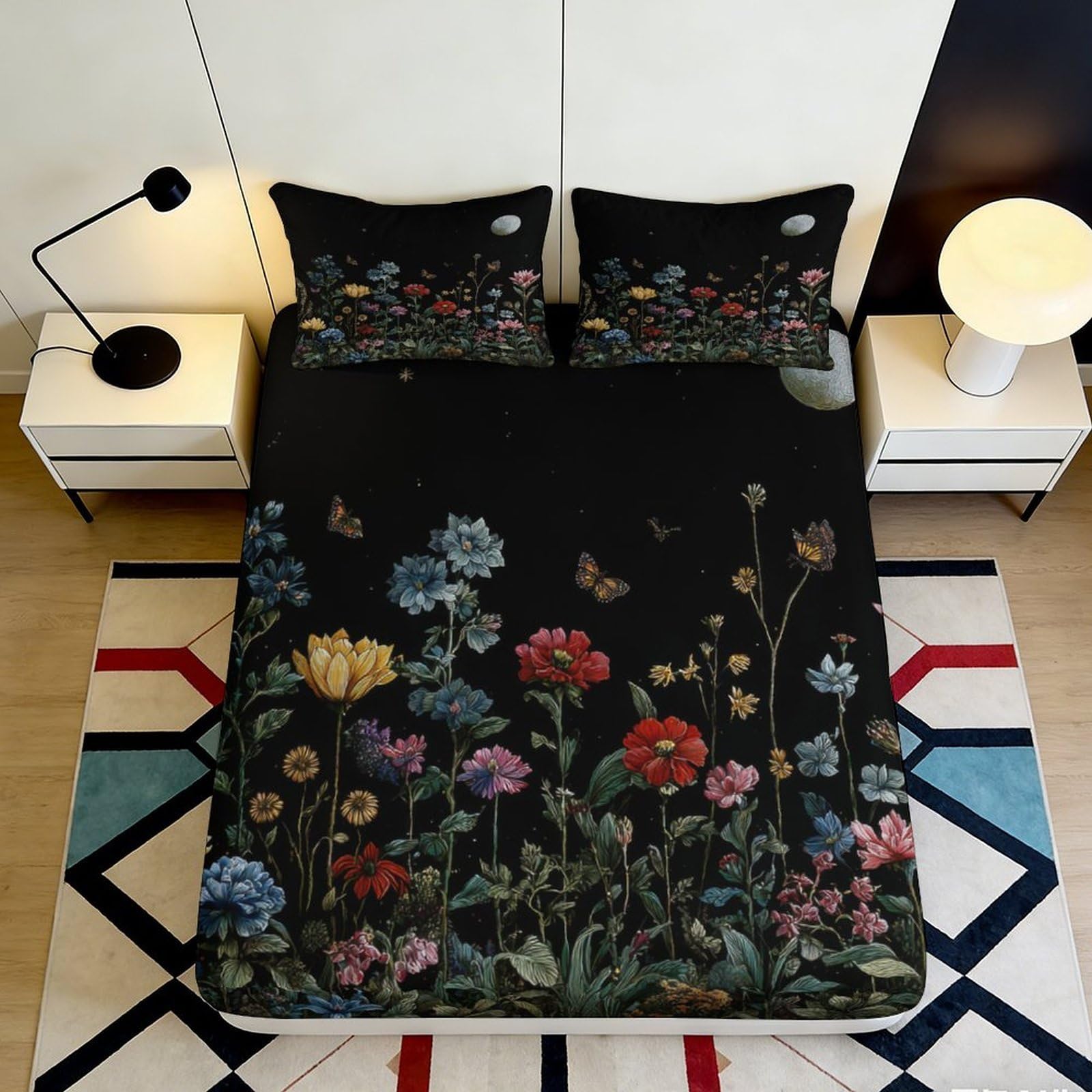 3D Printed Skull Floral Fitted Sheet Microfiber Deep Pocket Bedroom Bedding Skull Mattress Fitted Cover Washable 140x200x25cm
