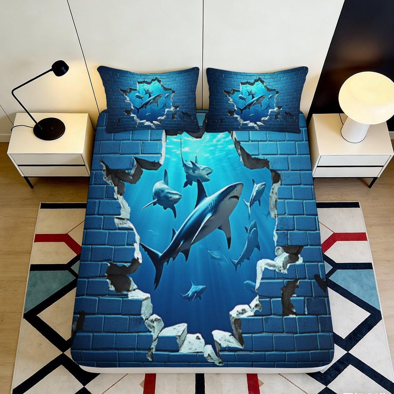 3D Printed Shark Design Fitted Sheet Microfiber Soft Breathable Ocean Life Bed Cover for Bedroom Dormitory Guest Room Mattress Protection Decor 120x200x25cm