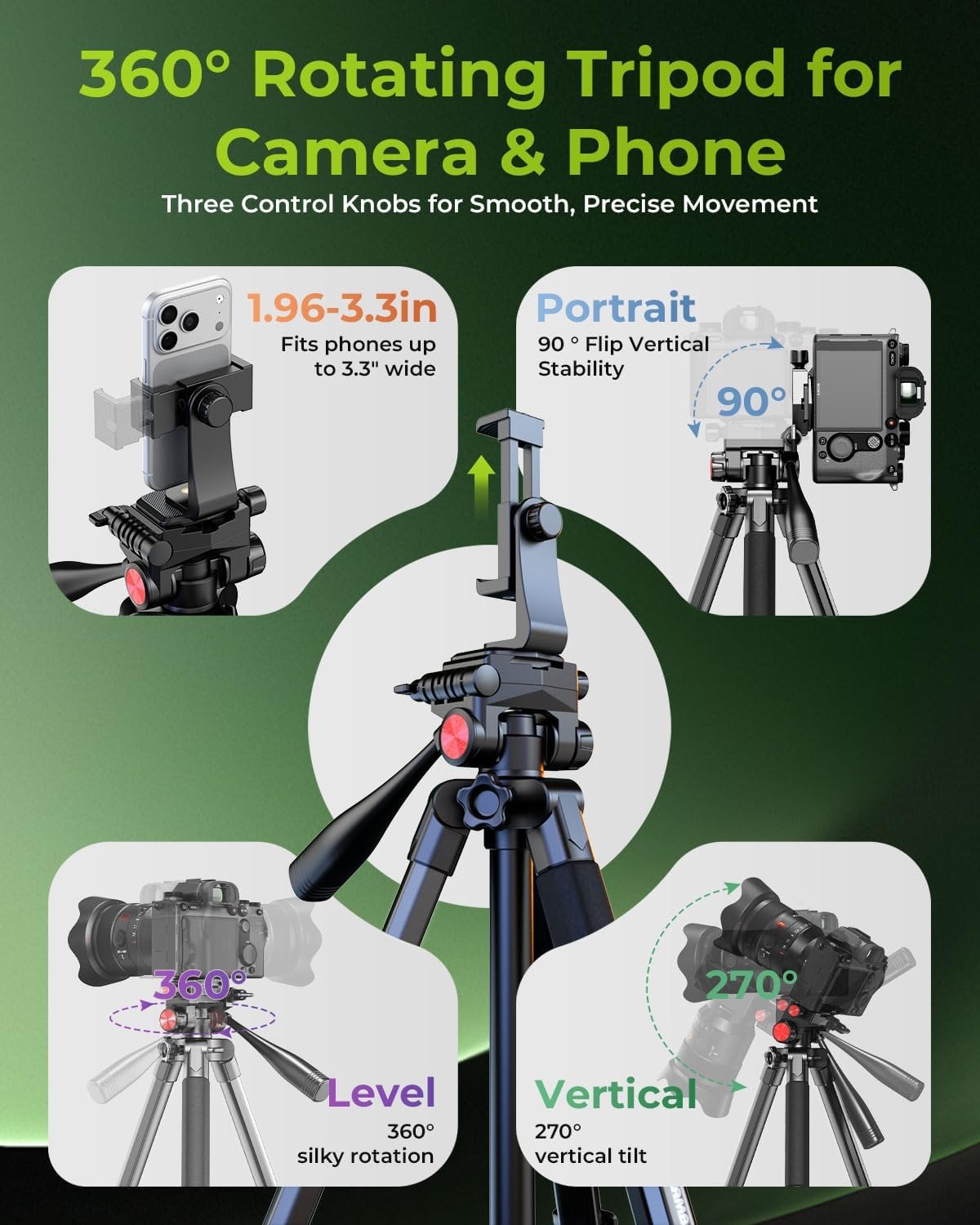 CAMBOFOTO 72" Camera Tripod, Professional Aluminum Tripod Stand for Mirrorless Camera/DSLR/Cell Phone/Camcorder/GoPro, with Phone Holder and Travel Bag (Light Black)