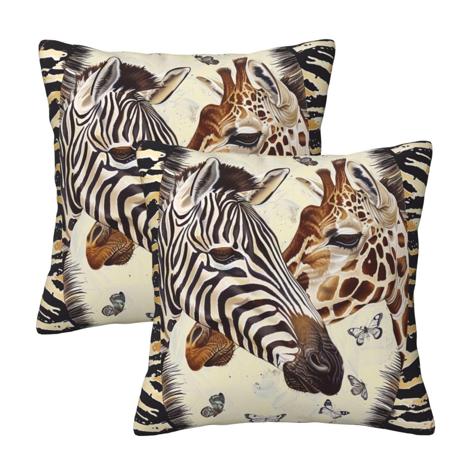 AUBKFELD Zebra and Giraffe Printed Cushion Covers 2pcs (45x45 CM) - Decor Pillow Cases for Home - Hidden Zipper Opening
