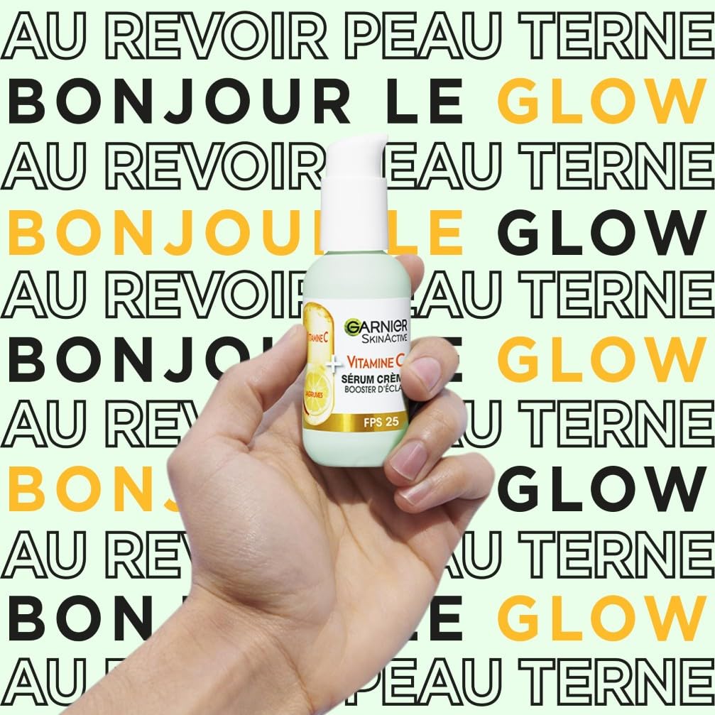GARNIER Skin Active - Sérum Crème Booster D'Éclat 2-En-1 - Hydratation 72h & Éclat - FPS 25 - Vitamine C & Agrumes - Vegan & Cruelty Free - Peaux Ternes En Manque D'Éclat - 50 ml