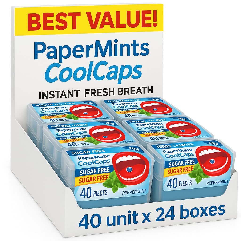 Papermints Coolcaps Sugar-Free Breath Mints 24 x 40-pack. Keto-Friendly Gut Cleanse Breath Freshener Bad Breath Treatment for Dry Mouth & Halitosis. Mouthwash Travel size.