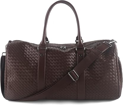 Weekender Bags for Women Woven Leather Travel Duffle Bag with Shoe Compartment, Carry On Garment Bag for Men Women, Large Capacity Water-resistant Gym Tote Coffee