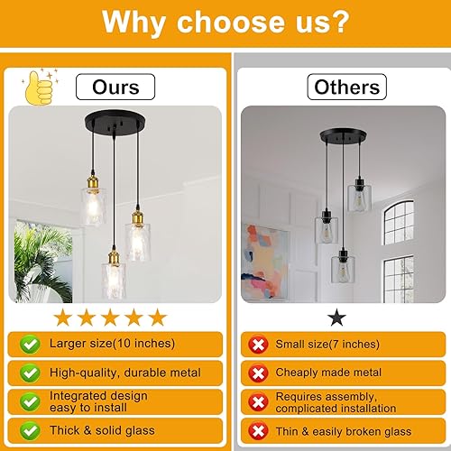 Miniatura 2 de Lámparas colgantes para isla de cocina, 3 luces industriales negras y doradas, iluminación de isla de cocina de granja, lámpara colgante moderna