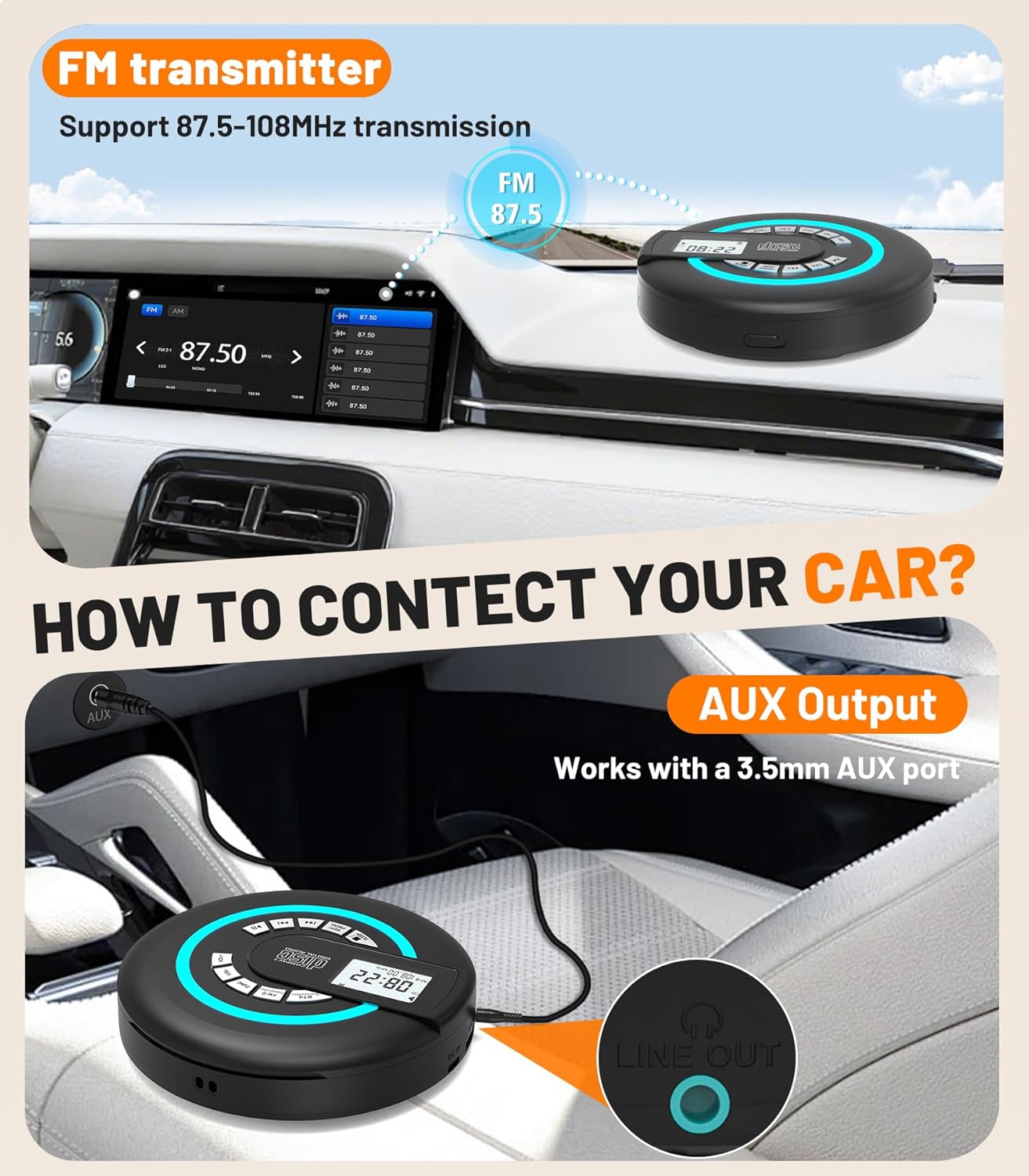 Portable CD Player with Speaker Bluetooth Discman for Car with FM Transmitter Rechargeable Lightweight Anti-Skip Protection Repeat Headphones AUX/USB LCD Display RGB Light Gifts Kids Student