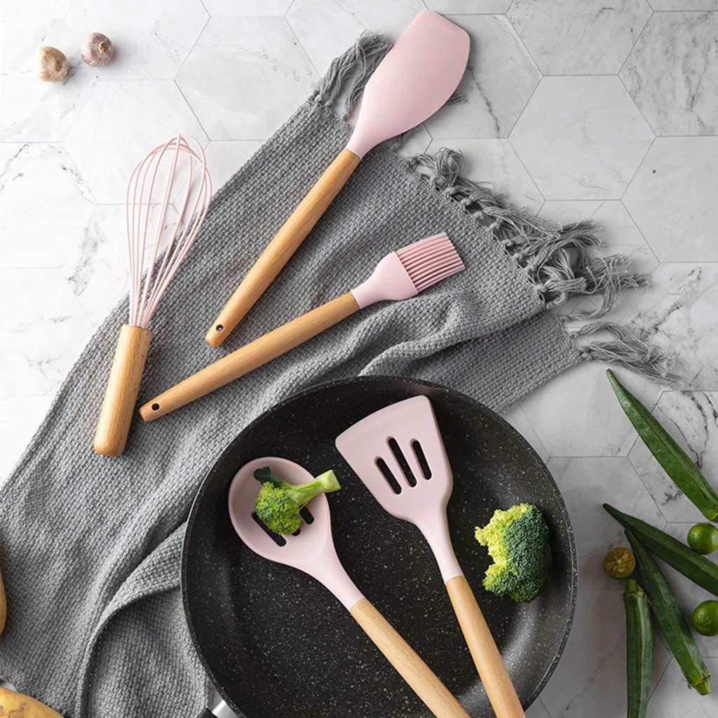 YYDS Koch Utensilien Silikon-Küchenzubehör Set mit Halter Kochgeräte-Satz, 11 PCS Holzgriff Antihaft-Kochgeschirr-Set, Küchenhelfer Utensil, Rosa Kochzubehör
