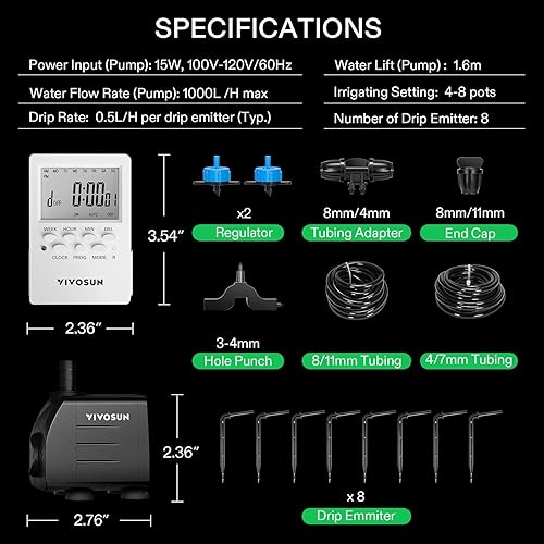 Miniatura 2 de VIVOSUN Kits de riego por goteo automático profesional, salida de 15 W, kit de cultivo profesional todo en uno, incluye bomba, temporizador y