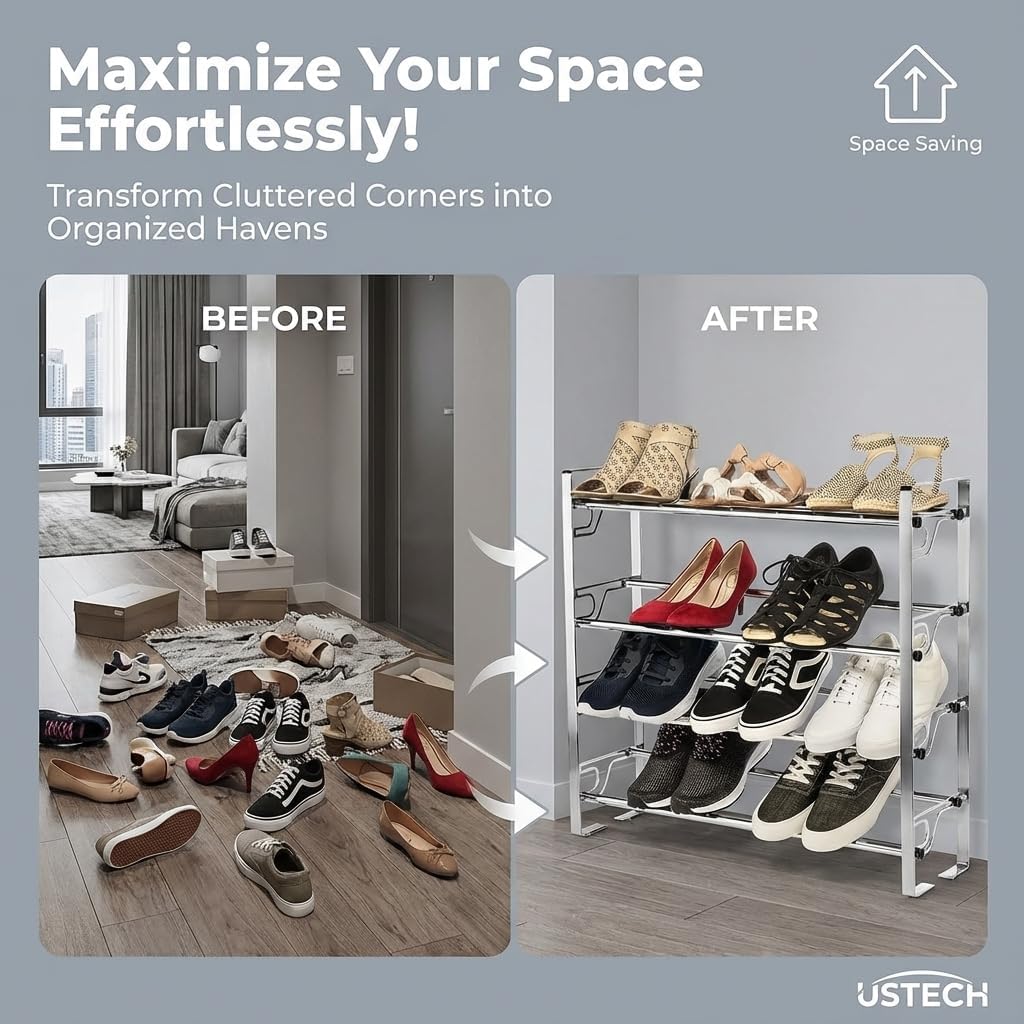 USTECH Free Standing 4-Tier Shoe Rack, Large Capacity Easy to Assemble Shoe Organizer for Closet, Bedroom & Entryway, Space-Saving Free Standing Shoe Storage Shelves, Closet Shoe Rack Organizer