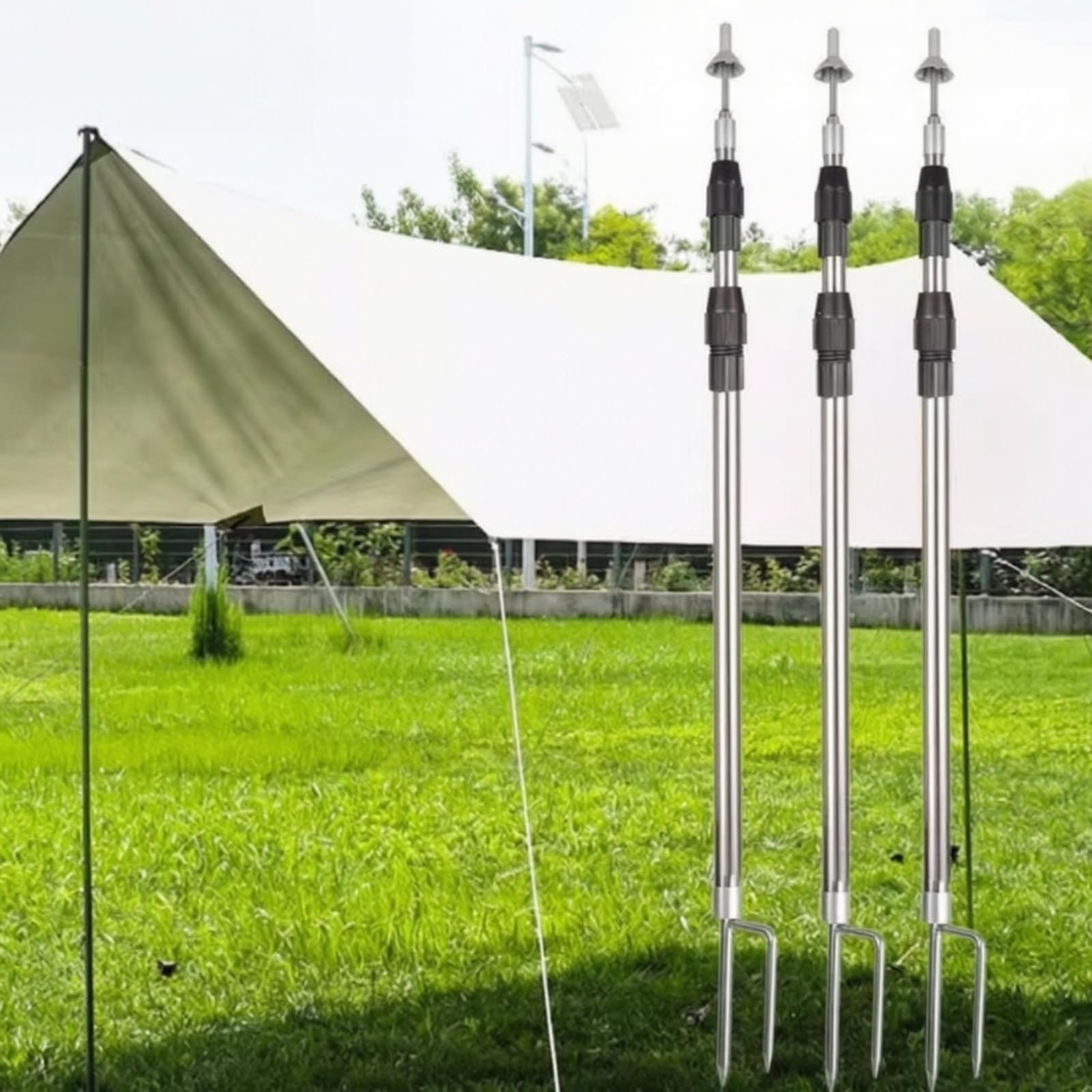 Piquet de Tente Ajustable Mât Bâton Réglable Acier Inoxydable Antidérapant Téléscopique avec Verrouillage et Embout Haut Anti-Infiltration pour Abris sous Pluie Camping Randonnée, 3 Mètres