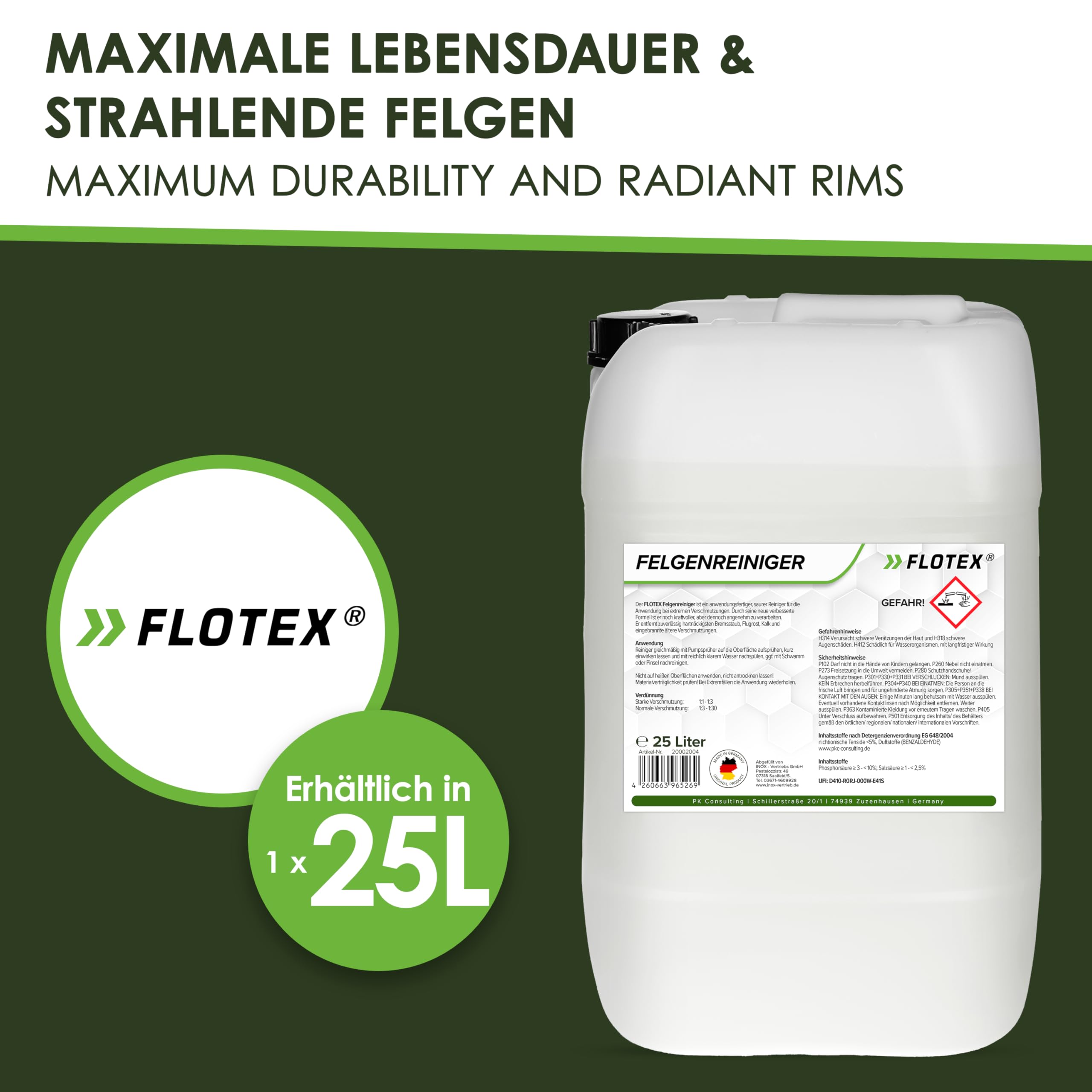 Felgenreiniger für Auto & Motorrad 25L | Saurer Felgen Reiniger effektiv gegen Bremsstaub, Flugrost & hartnäckige Verschmutzungen | Felgenreiniger Alufelgen & Stahlfelgen | Made in Germany