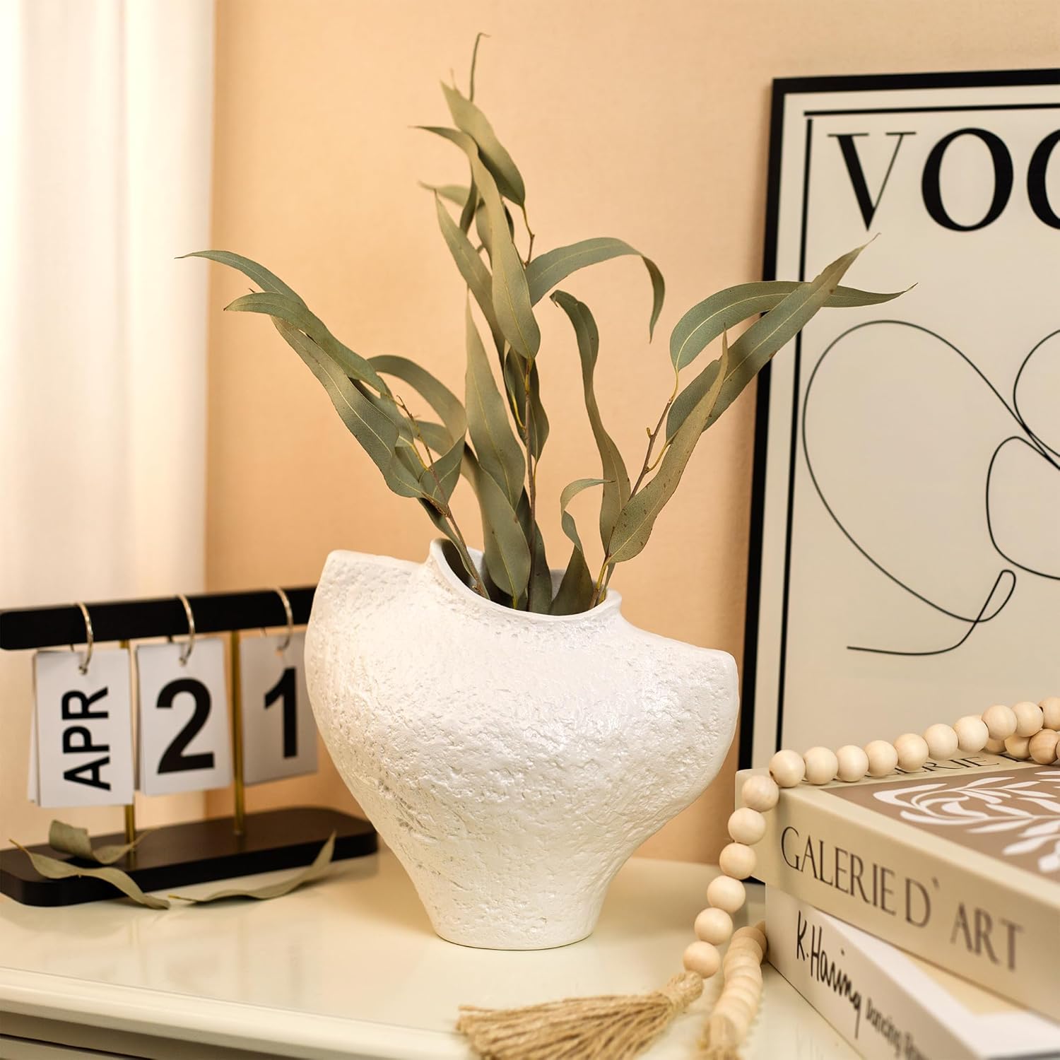 White Ceramic Vase, Modern Farmhouse Style for Table, Kitchen, Bookshelf, Entryway, Counter, Vanity Decor, Stone Textured Small Artistic Handmade Vase for Pampas Grass, Flowers