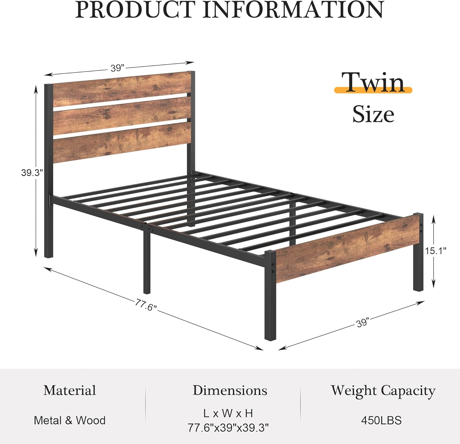 VECELO 2 Set Bed Frame Twin Size with Wooden Headboard and Footboard, Heavy-Duty Platform Frames with Metal Slats Support System, 12 inch Under-Bed Storage, No Box Spring Needed, Rustic Brown