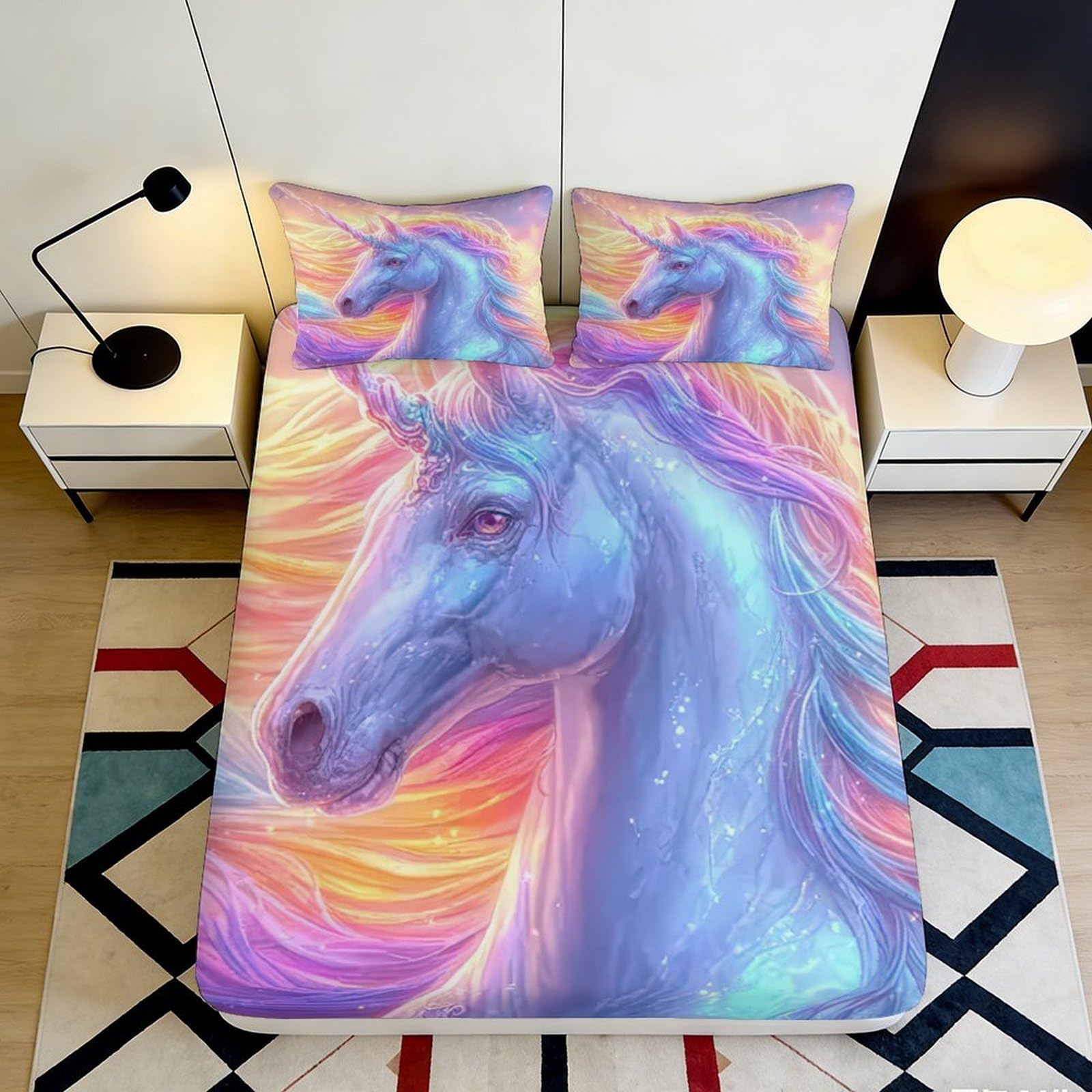 3D Printed Unicorn Fitted Sheet Microfiber Soft Breathable Fantasy Horse Bed Cover with 3D Printed Magical Sunset Mattress Cover for Bedroom Dormitory Guest Room 200x200x25cm