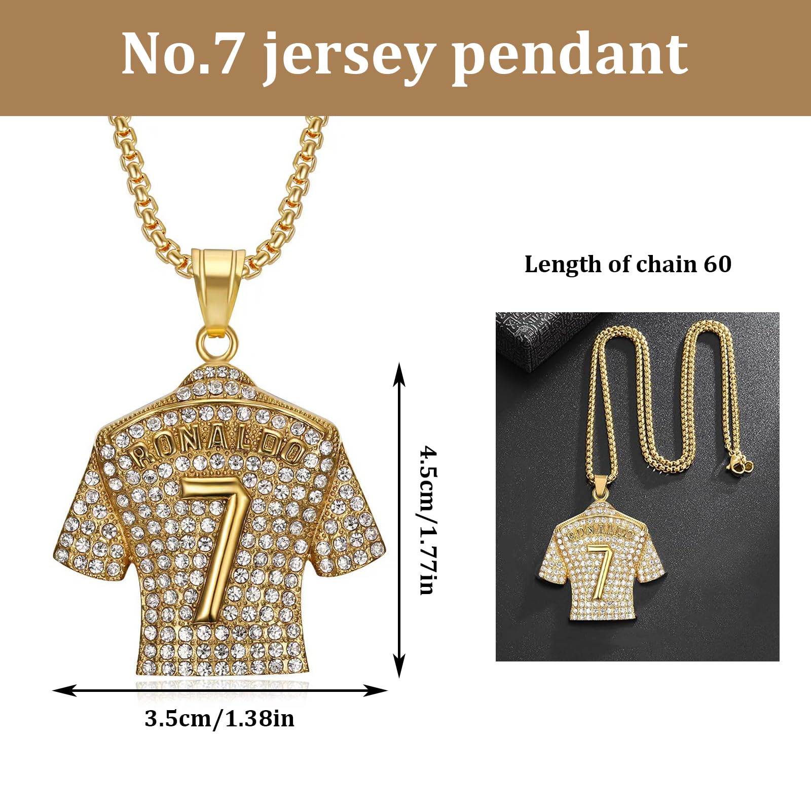 Collar de jersey de 2 piezas número 7, colgante de jersey, collar de diamantes número 7 niños cadena de cresta de hip hop, regalo para amantes de los juegos de pelota