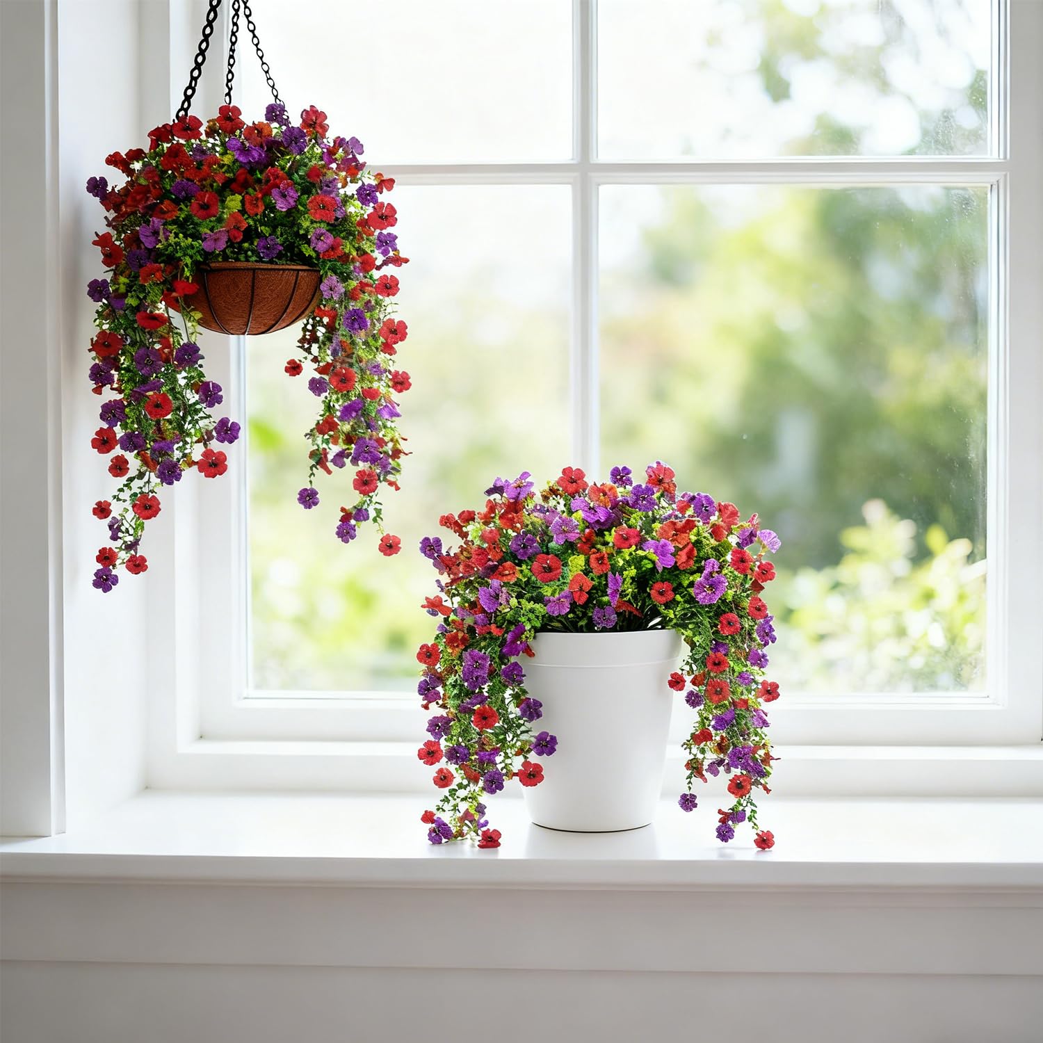 2 Bundles Artificial Hanging Flowers Outdoor, 80cm UV-Resistant Artificial Hanging Plants, Fake Wisteria Vine Silk Flowers for Wall Hanging Planter Garden Patio Balcony Decoration