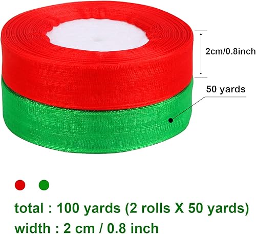 Miniatura 2 de DECYOOL 2 rollos de cintas de organza de Navidad de 100 yardas de 0.8 pulgadas de ancho para decoración de envoltura de regalos, rojo y verde