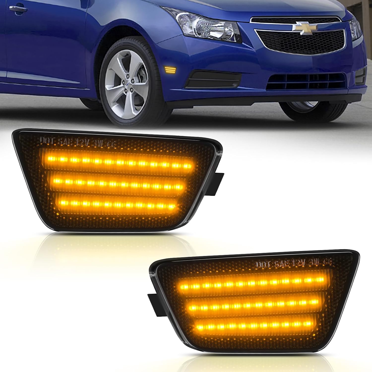 LED Fender Side Marker Light for Chevy Cruze 2011 2012 2013 2014 2015 Driver and Passenger Side Front Bumper Lamps Smoked Lens Pack of 2