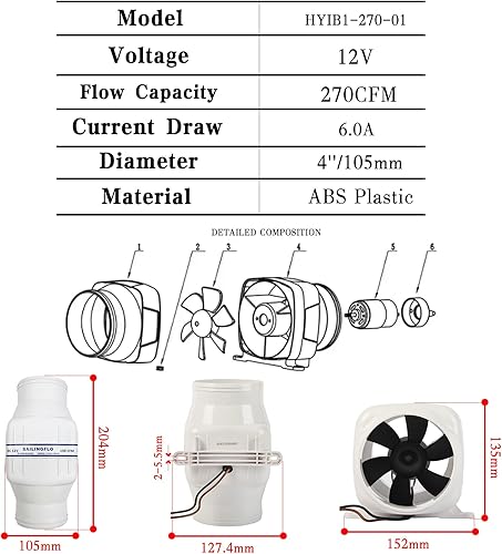 Miniatura 7 de Ventilador de conducto en línea de 12 V de alto CFM, soplador de aire en línea para compartimento del motor y sentina, ventilador de escape de