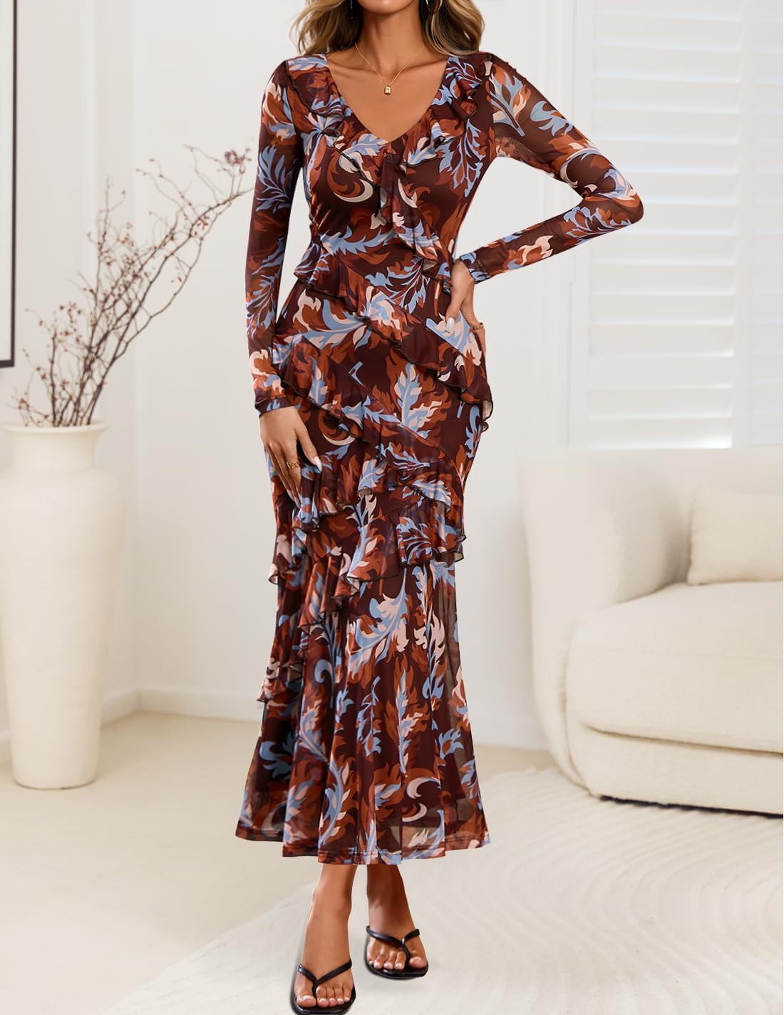 ZESICA Women's Fall Floral Long Sleeve Maxi Dress 2026 Boho Bodycon V Neck Ruffle Wedding Party Long Dresses - Image 3