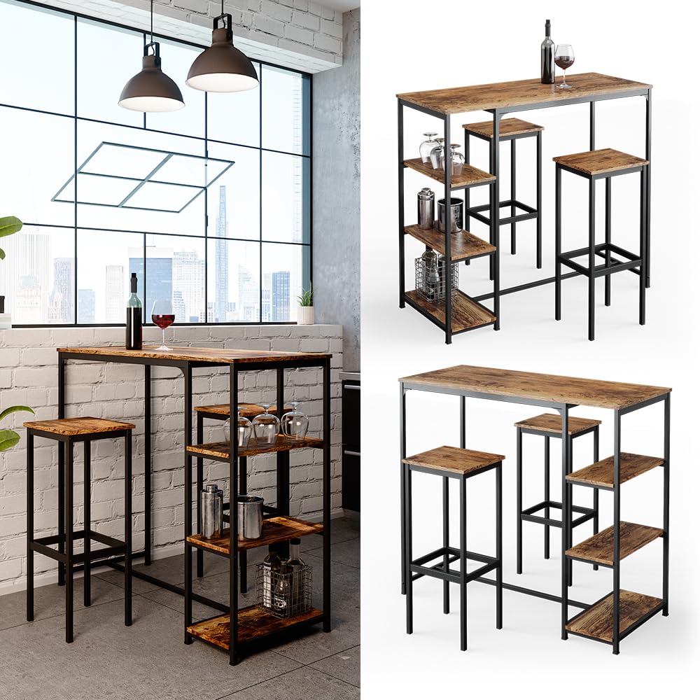 Vicco Set de Table de Bar Fyrk, Bois Antique, 120x50cm avec étagères et 2 tabourets de Bar, Convient aux comptoirs et Plans de Cuisine, empilable pour Le Rangement
