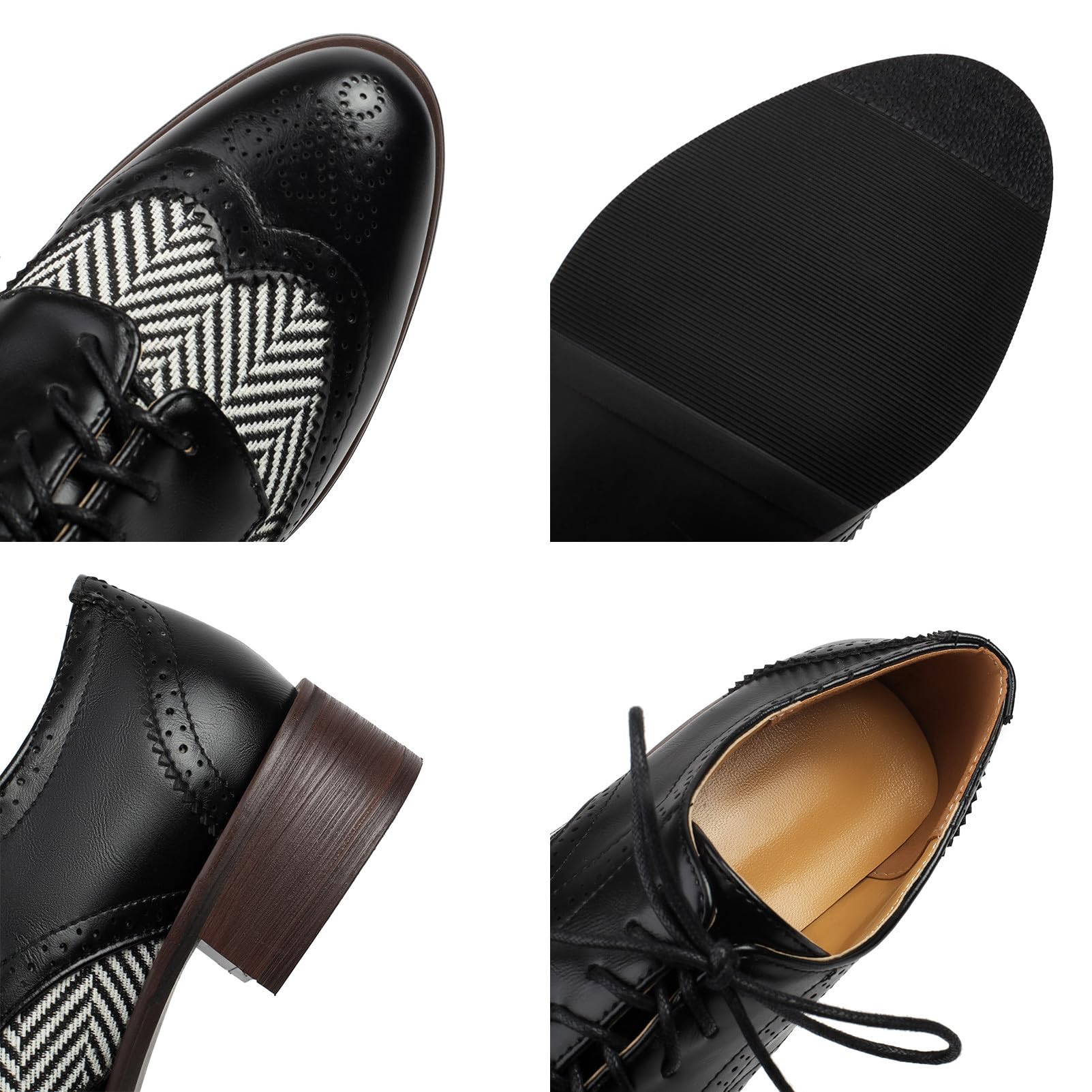 rismart Donna Classico Stringato Wingtips Tacco Grosso Contrastante Oxfords Scarpe Eleganti