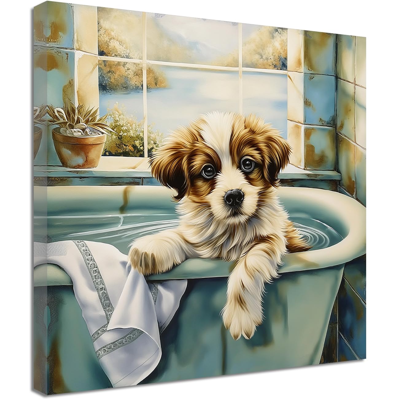 ZQQART Leinwandbild mit Tiermotiven fürs Badezimmer lustiges Tier in der Schaumbadewanne Poster abstraktes Tiergemälde für die Wanddekoration im Badezimmer Zuhause (Hund,70x70cm)