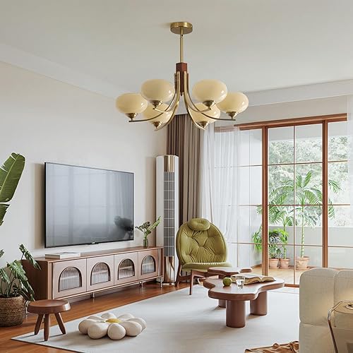 Miniatura 7 de BOKT Lámparas Colgantes de Techo Vintage de 6 Luces Araña Sputnik Dorada Lámpara Colgante Amarillo Leche Nórdica Arañas Sputnik de Mediados de Siglo