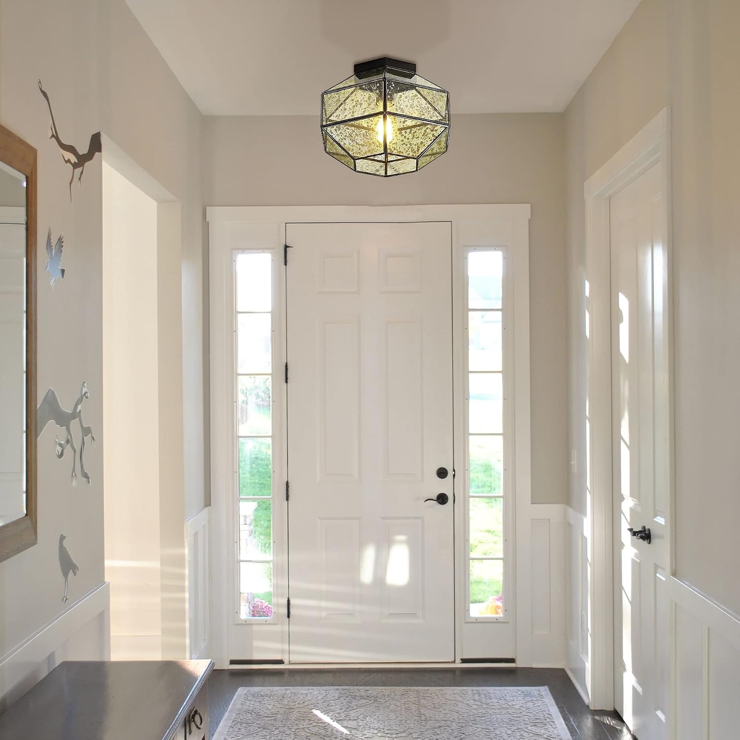 JONATHAN Y 12.5" Oil Rubbed Bronze 1-Light Iron and Glass Flush Mount, Vintage Farmhouse Bohemian Ceiling Light, Mercury Glass Hexagon Lantern, LED Bulb Included JYL9924A