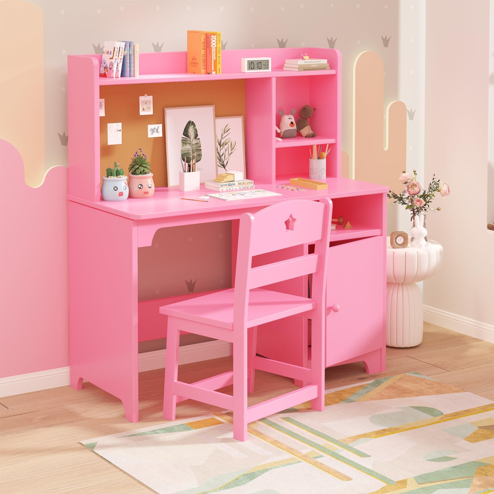 Escritorio Infantil de Madera para Estudiantes con Silla, Mesa Niños Infantil con Estanterías Abiertas y Armarios con Puertas, Mesa de Aprendizaje Infantil Multifuncional para Dormitorio o Estudio